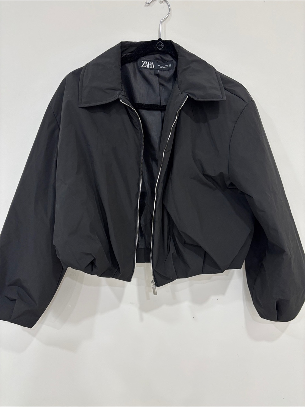 ZARA Black Cropped Bomber with Oversized Collar